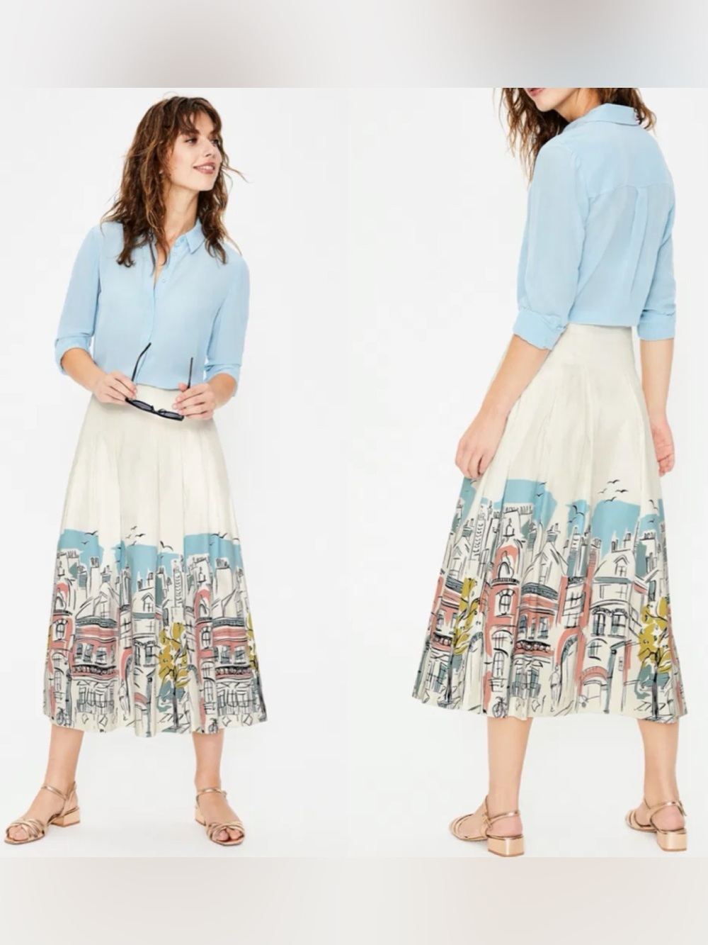 NWT Boden Theodora Pleated Skirt in Ivory Street Scene 8R